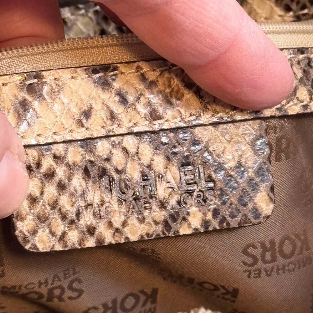 Michael Kors Satchel Shoulder Handbag Brown Tan Python Buckle Double Top Handles - Picture 12 of 12